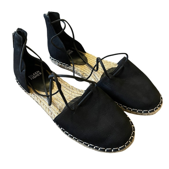 Eileen Fisher 7.5  LUXURY Leather Espadrille Sandals Rear Zipper Flat Black Tan - Picture 2 of 7